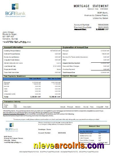 Equatorial Guinea BGFI Bank mortgage statement